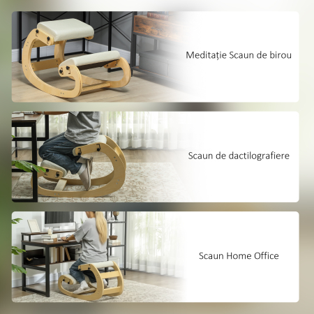  Scaun ergonomic reglabil in 6 pozitii, din material textil cu efect de in si lemn de mesteacan, 55x85x55 cm, crem [7]