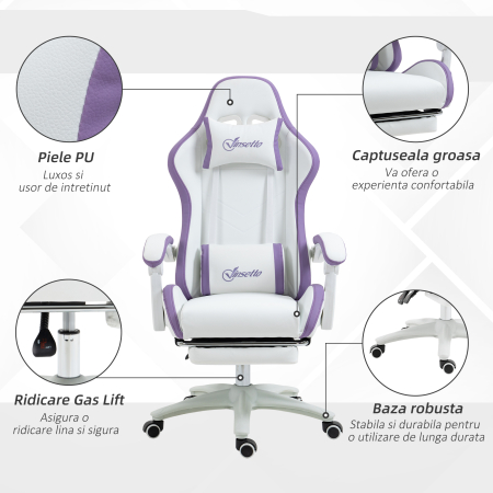  Scaun Gaming Reglabil pe inaltime cu Tetiera, Alb si Mov [6]