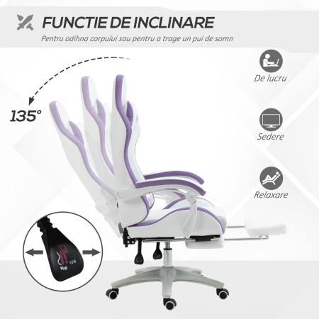  Scaun Gaming Reglabil pe inaltime cu Tetiera, Alb si Mov [4]