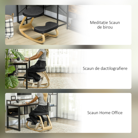  Scaun Genunchi cu Miscare de Balans, in tesatura Efect de In si Lemn de Mesteacan, 50x73x55 cm, Negru [6]