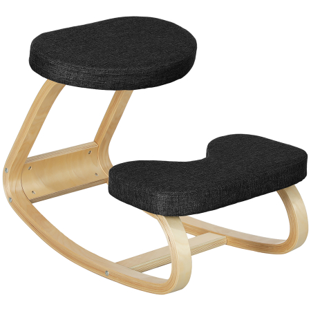 Mobila birou -  Scaun Genunchi cu Miscare de Balans, in tesatura Efect de In si Lemn de Mesteacan, 50x73x55 cm, Negru
