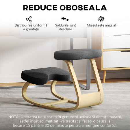  Scaun Genunchi cu Miscare de Balans, in tesatura Efect de In si Lemn de Mesteacan, 50x73x55 cm, Negru [5]