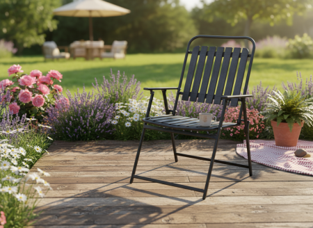 Scaun gradina pliabil cu cadru metalic si sezut PP, maxim 110 kg, 63x55x90 cm, negru [4]