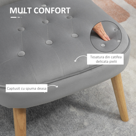  Scaun modern de accent capitonat, fotoliu de catifea pentru dormitor cu picioare din lemn, gri [3]