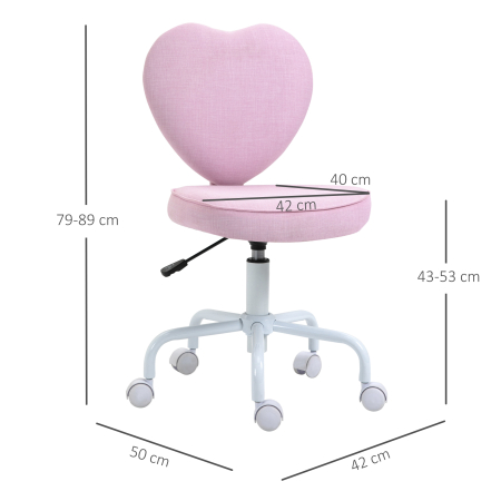  Scaun pentru Birou in Forma de Inima cu 5 Roti si inaltime Reglabila din Material Textil Roz, 42x50x79-89cm [2]