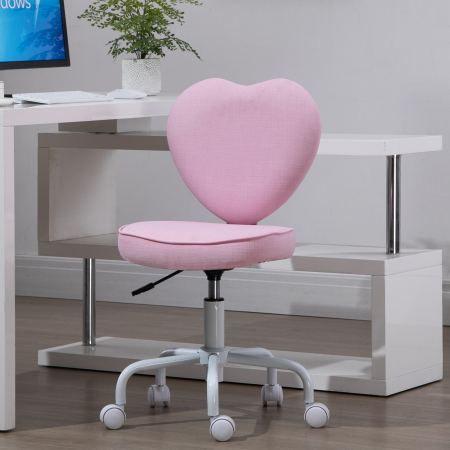  Scaun pentru Birou in Forma de Inima cu 5 Roti si inaltime Reglabila din Material Textil Roz, 42x50x79-89cm [1]