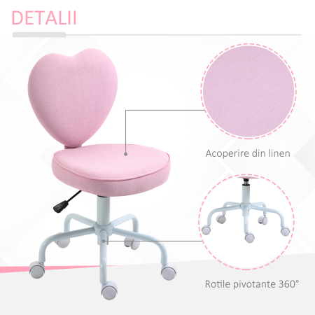  Scaun pentru Birou in Forma de Inima cu 5 Roti si inaltime Reglabila din Material Textil Roz, 42x50x79-89cm [5]