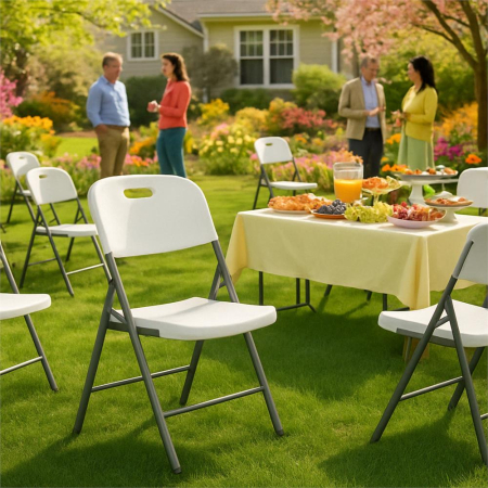 Scaun pliabil HDPE cu cadru metalic, pentru catering sau gradina, 46x53x86 cm, 150 kg, alb [2]