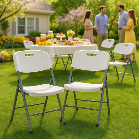 Scaun pliabil HDPE cu cadru metalic, pentru catering sau gradina, 46x53x86 cm, 150 kg, alb [5]