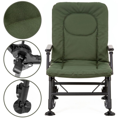 Scaun pliabil premium pentru pescuit sau camping, reglabil in 5 pozitii, picioare reglabile pe inaltime, 71x57x90 cm, 140 kg, verde inchis [19]