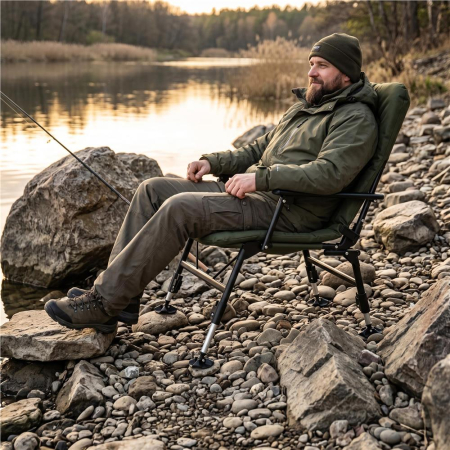 Scaun pliabil premium pentru pescuit sau camping, reglabil in 5 pozitii, picioare reglabile pe inaltime, 71x57x90 cm, 140 kg, verde inchis [1]