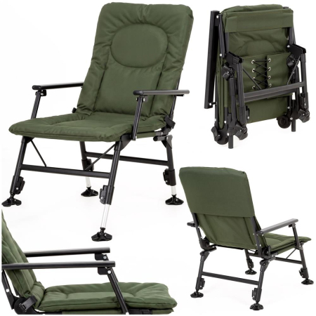 Scaun pliabil premium pentru pescuit sau camping, reglabil in 5 pozitii, picioare reglabile pe inaltime, 71x57x90 cm, 140 kg, verde inchis [17]