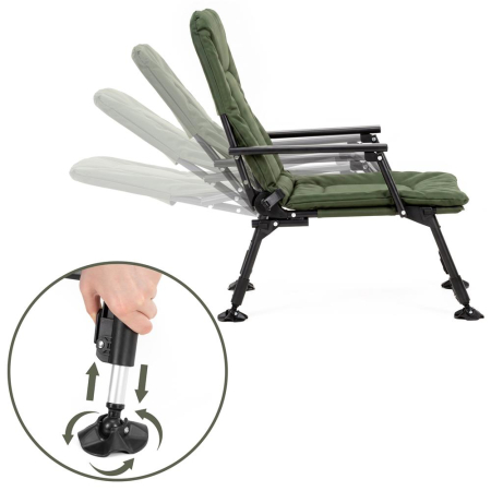 Scaun pliabil premium pentru pescuit sau camping, reglabil in 5 pozitii, picioare reglabile pe inaltime, 71x57x90 cm, 140 kg, verde inchis [14]