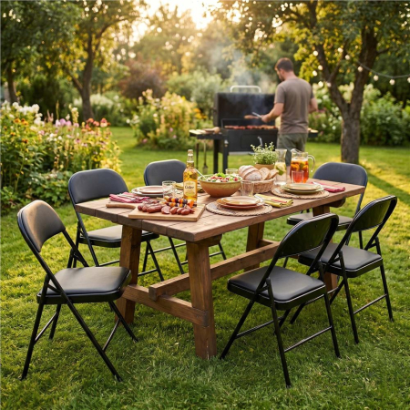 Scaun pliabil tapitat cu spatar, utilizare interior sau exterior, cadru metalic, 40x42x76 cm, maxim 120 kg, negru [23]