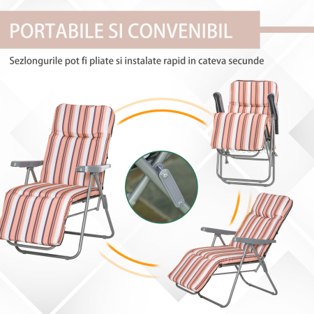  Scaun Rabatabil pentru Exterior 2 Piese Pliabile si Rabatabile, Sezlong Plaja cu Perna Captusita, Portocaliu [5]