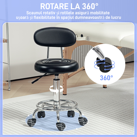  Scaun Rotativ Reglabil la 360°, Scaun Estetician cu Spatar, Roti si Suport pentru Picioare, din Otel, Piele Sintetica, 32x40x70-86 cm, Negru [4]