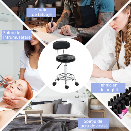  Scaun Rotativ Reglabil la 360°, Scaun Estetician cu Spatar, Roti si Suport pentru Picioare, din Otel, Piele Sintetica, 32x40x70-86 cm, Negru [7]