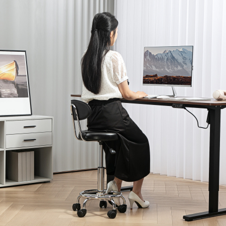  Scaun Rotativ Reglabil la 360°, Scaun Estetician cu Spatar, Roti si Suport pentru Picioare, din Otel, Piele Sintetica, 32x40x70-86 cm, Negru [1]