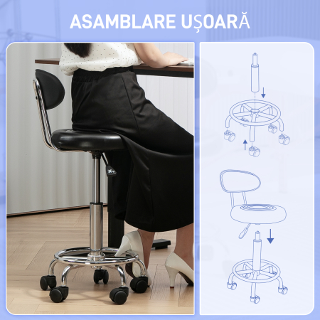  Scaun Rotativ Reglabil la 360°, Scaun Estetician cu Spatar, Roti si Suport pentru Picioare, din Otel, Piele Sintetica, 32x40x70-86 cm, Negru [6]