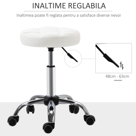  Scaun Rotativ Rotund cu Roti, inaltime Reglabila si Tapiterie din Piele Ecologica, Alb [3]