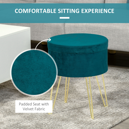  Scaun Rotund cu Compartiment de Depozitare din Catifea Verde si Auriu 36x36x45cm [5]