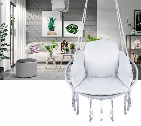 Scaun rotund Sersimo tip leagan suspendat cu perna Confort casa sau gradina, gri [3]