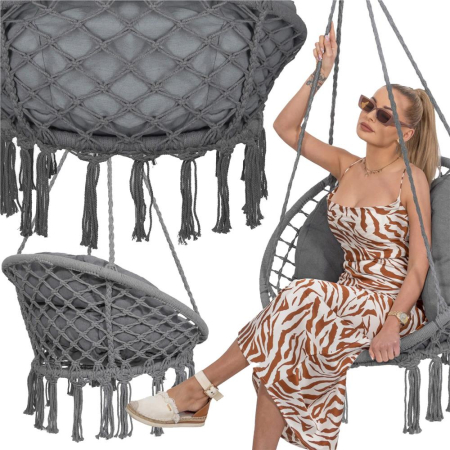 Scaun rotund Sersimo tip leagan suspendat cu perna Confort Plus casa sau gradina, gri inchis [10]