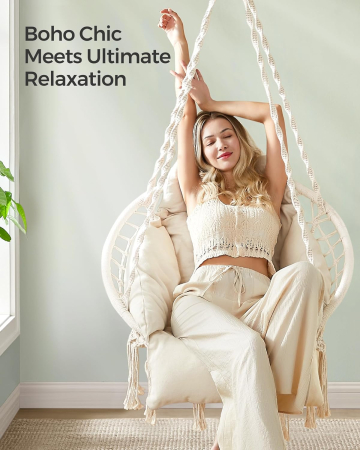 Scaun rotund tip leagan suspendat cu perna, stil boho ciucuri, franghie impletita, max 120 kg, L60 cm, bej [4]