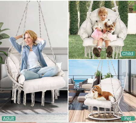 Scaun rotund tip leagan suspendat cu perna, stil boho ciucuri, franghie impletita, max 120 kg, L60 cm, bej [2]