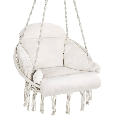 Gradina & balcon - Scaun rotund tip leagan suspendat cu perna, stil boho ciucuri, franghie impletita, max 120 kg, L60 cm, bej