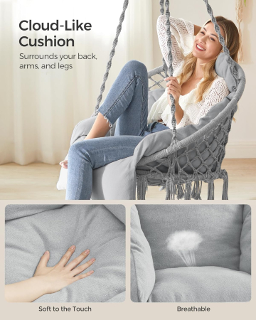 Scaun rotund tip leagan suspendat cu perna, stil boho ciucuri, franghie impletita, max 120 kg, L60 cm, gri [3]