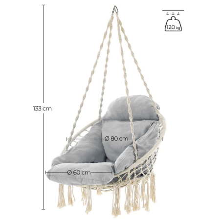 Scaun rotund tip leagan suspendat cu perna, stil boho ciucuri, franghie impletita, max 120 kg, L60 cm, bej [3]