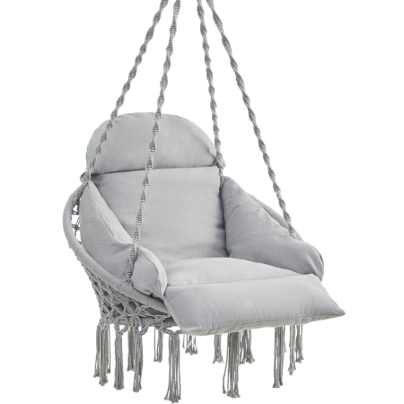 Balansoare si leagane de gradina - Scaun rotund tip leagan suspendat cu perna, stil boho ciucuri, franghie impletita, max 120 kg, L60 cm, gri