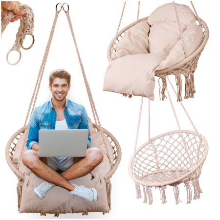 Scaun rotund tip leagan suspendat cu perna Confort Plus, casa sau gradina, ecru [5]