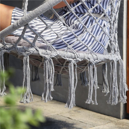 Scaun rotund tip leagan suspendat pentru casa sau gradina, cu franjuri, 150kg, gri [5]