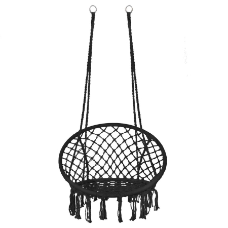 Scaun rotund tip leagan suspendat pentru casa sau gradina, cu franjuri, 150kg, negru [16]