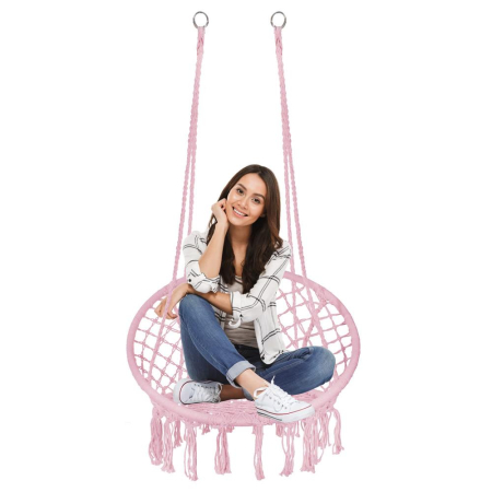 Scaun rotund tip leagan suspendat pentru casa sau gradina SPR42, cu franjuri, 150kg, roz [2]