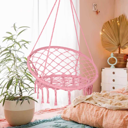 Scaun rotund tip leagan suspendat pentru casa sau gradina SPR42, cu franjuri, 150kg, roz [3]