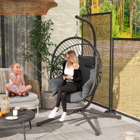  Scaun Suspendat de Exterior, cu Perna, Tip Ou, 120 cm x 106 cm x 188 cm, Gri [1]