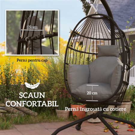  Scaun Suspendat in Forma de Ou cu Cos Pliabil si Perna Groasa, 120x88x192 cm, Negru [3]