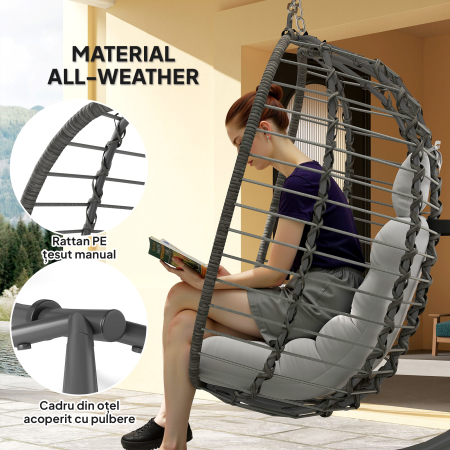  Scaun suspendat tip ou din ratan cu perna si tetiera, inaltime reglabila si sezut pliabil, gri [3]
