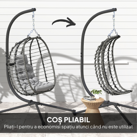  Scaun suspendat tip ou din ratan cu perna si tetiera, inaltime reglabila si sezut pliabil, gri [5]