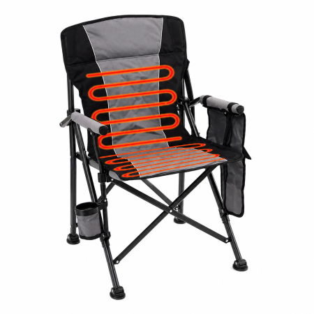 Mobilier gradina si terasa - Scaun turistic pliabil cu incalzire, suport pahar, buzunar powerbank, maxim 120 kg, 58x58x90 cm, negru