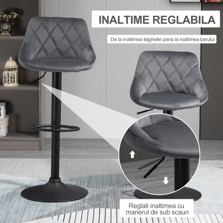  Scaune Bar x2 - Pivotante, Gri Catifelat, inaltime Reglabila [3]