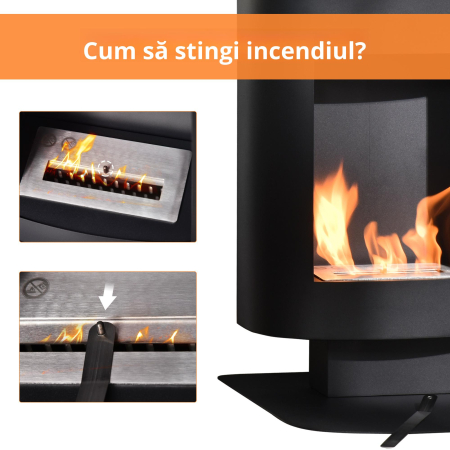 Semineu cu alcool portabil , fara aerisire, cu arzatoare cu bioetanol de 0.9 L/ 3 ore, incalzitoare cu baza din otel de 2000 W pentru interior si exterior, Negru [6]