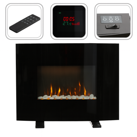 Semineu electric, montaj podea sau perete, efect de flacara, 2000W, 2 trepte, telecomanda, 61x14x48 cm, negru [2]