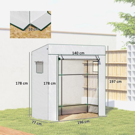  Sera de Gradina cu Acoperis inclinat, 2 Ferestre si Usa Rulabila, Sera pentru Gradina cu Structura din Otel, Acoperis din PE Anti-UV, pentru Gradina, Legume, Flori, Plante, 196x77x197 cm, Alb [2]