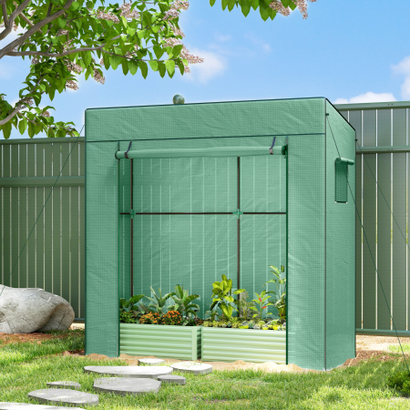  Sera de Gradina cu Acoperis inclinat, 2 Ferestre si Usa Rulabila, Sera pentru Legume cu Structura din Otel, Acoperire din PE Anti-UV, pentru Legume, Flori, Plante, 196x77x197 cm, Verde [1]
