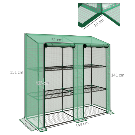  Sera de Gradina cu Copertina din PE, Sera cu Acoperis inclinat, 2 Usi Rulante si 6 Rafturi, 143x46x151cm, Verde [2]