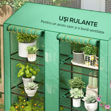 Sera de Gradina cu Copertina din PE, Sera cu Acoperis inclinat, 2 Usi Rulante si 6 Rafturi, 143x46x151cm, Verde [5]